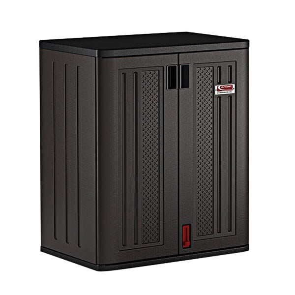 A dark gray Suncast heavy-duty base storage cabinet with two doors.