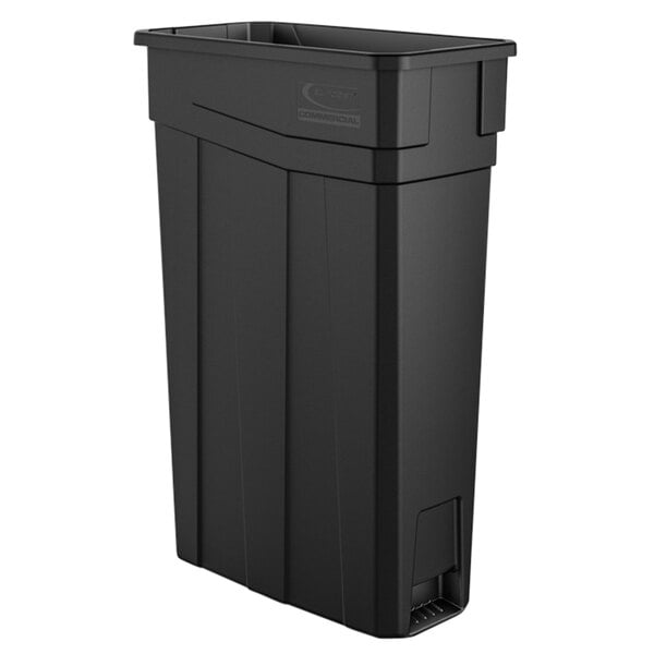 A black Suncast slim rectangular trash can with a lid.