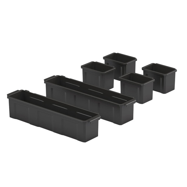 A group of black plastic containers with lids.