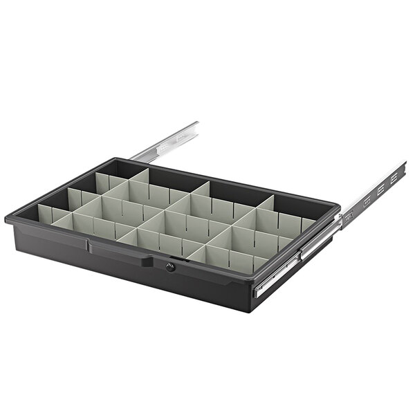 A black Suncast lockable drawer with white dividers.