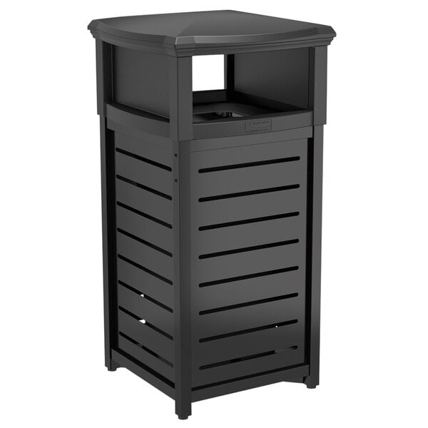 A black rectangular Suncast metal trash can with a lid on top.