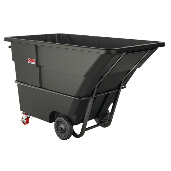 A black container on red wheels.