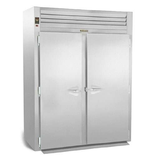 A Traulsen stainless steel reach-in freezer with two solid doors.