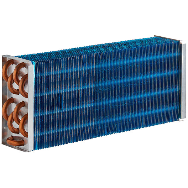 A blue and silver Avantco evaporator coil with copper pipes.