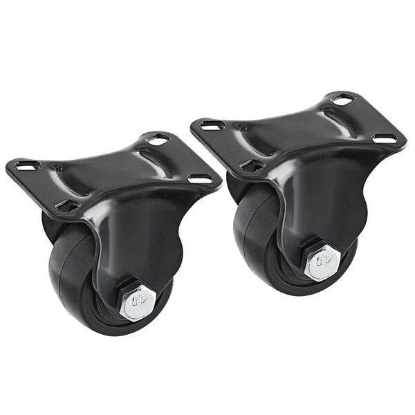 A pair of black Avantco casters with metal bolts on them.
