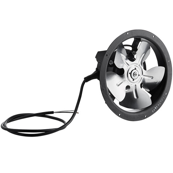 An Avantco evaporator fan assembly with a black and silver fan and wire.