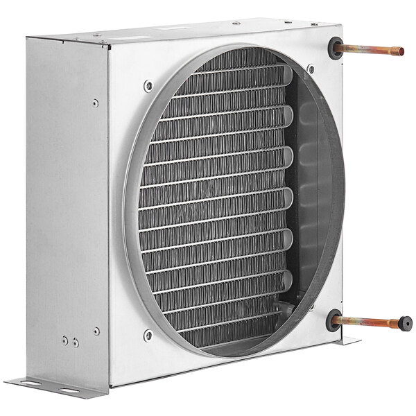 An Avantco condenser coil with copper pipes inside a metal box.
