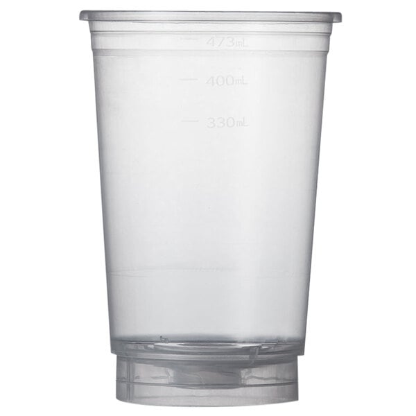 A ReverseTap clear plastic cup with a lid.