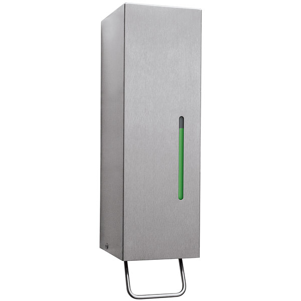 A silver rectangular stainless steel Bobrick soap dispenser with a green light.