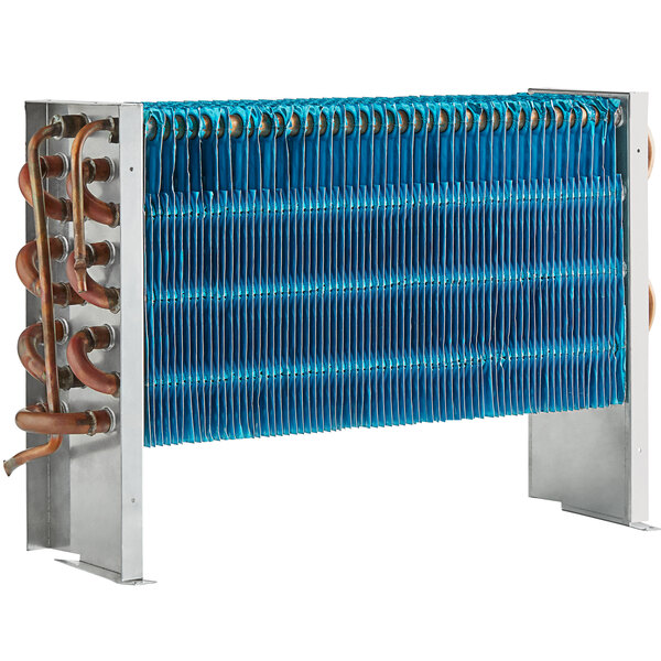 An Avantco evaporator coil with blue and silver metal.