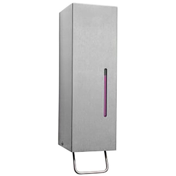 A stainless steel rectangular soap dispenser with a purple liquid in the middle.