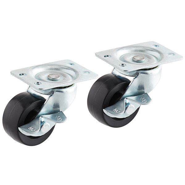 A pair of Avantco plate casters with black and white rubber wheels.