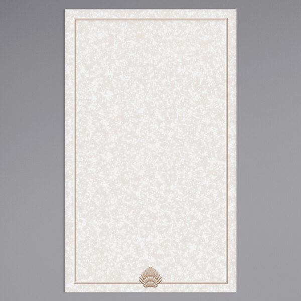 White rectangular menu paper with a tan shell border.