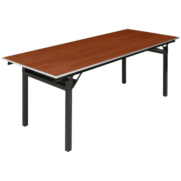 A brown rectangular Resilient seminar table with black square legs and a plywood top.