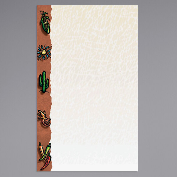 Menu paper with a white background, brown border, and Southwest desert design including cactus and sun.