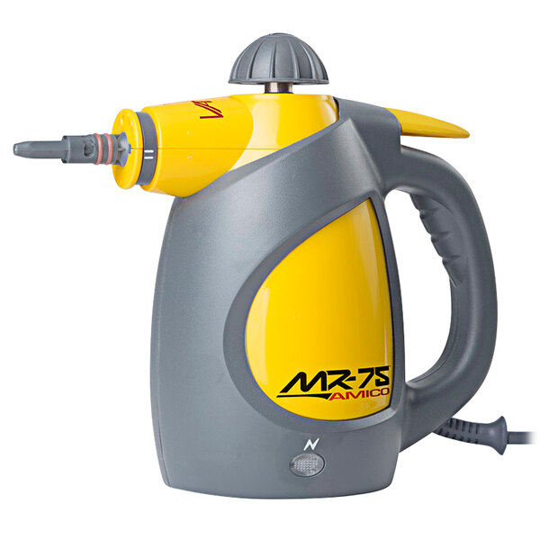 A yellow and grey Vapamore handheld steam cleaner with a cord.