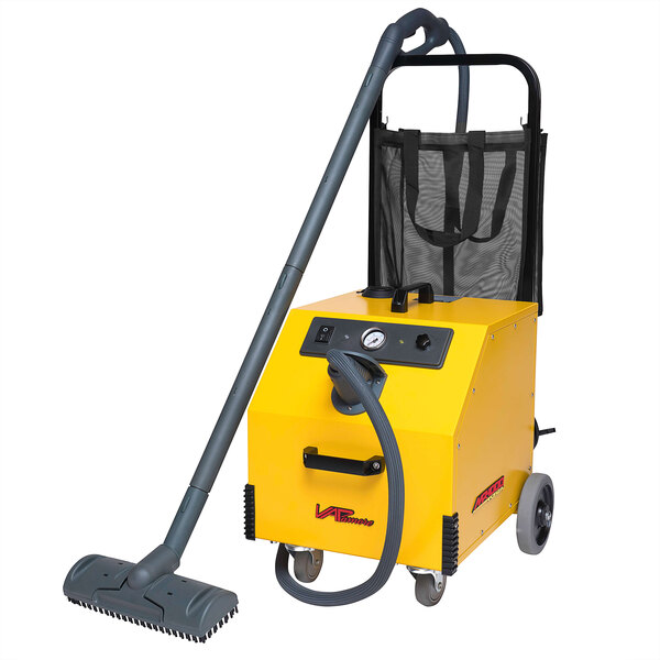 A yellow and black Vapamore MR-1000 Forza steam cleaner with a handle and hose.