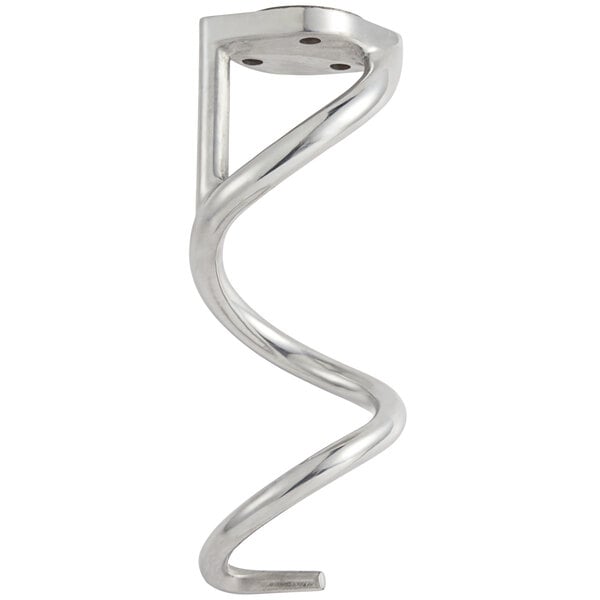 A metal spiral dough hook with a curved end and holes.