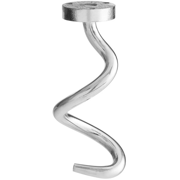 A silver spiral-shaped dough hook with a round disc at the end.