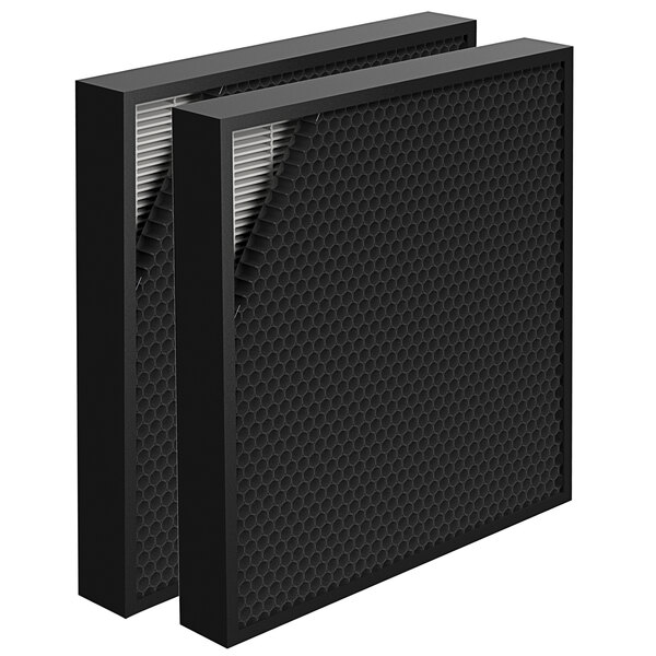 Two black AeraMax PRO Hybrid air filters with white and gray material on a black square object.