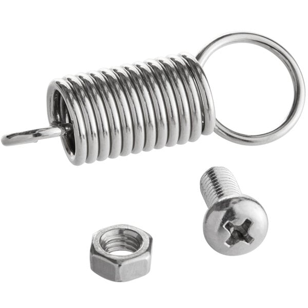 A close-up of a metal spring with screws.