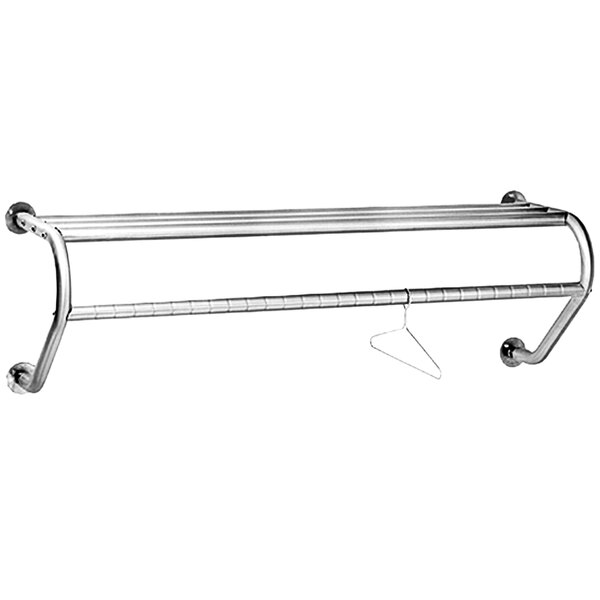 An Advance Tabco stainless steel garment rack with a long metal bar and wire.