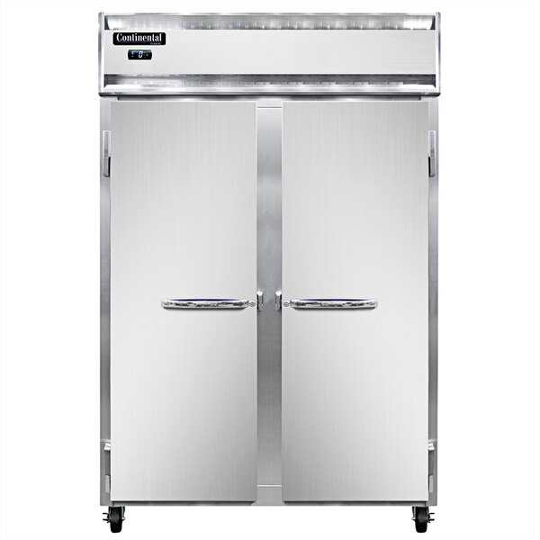 A Continental Refrigerator shallow depth reach-in freezer with two white doors and handles.