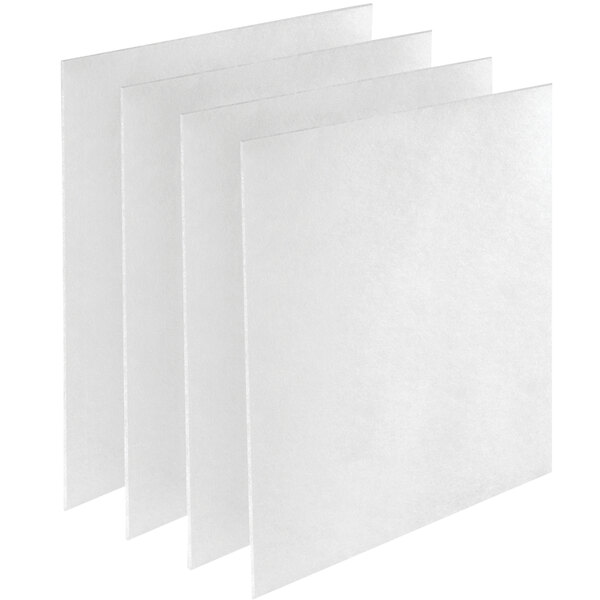 Three white rectangular paper prefilters with a black border.