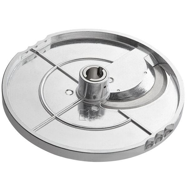 A silver circular AvaMix curved slicing disc with a hole in the center.