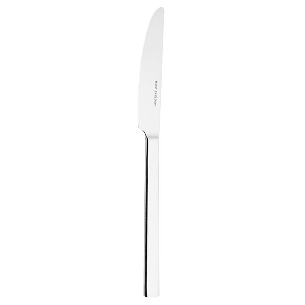 A silver Hepp by Bauscher dessert knife with a black stripe on the handle.