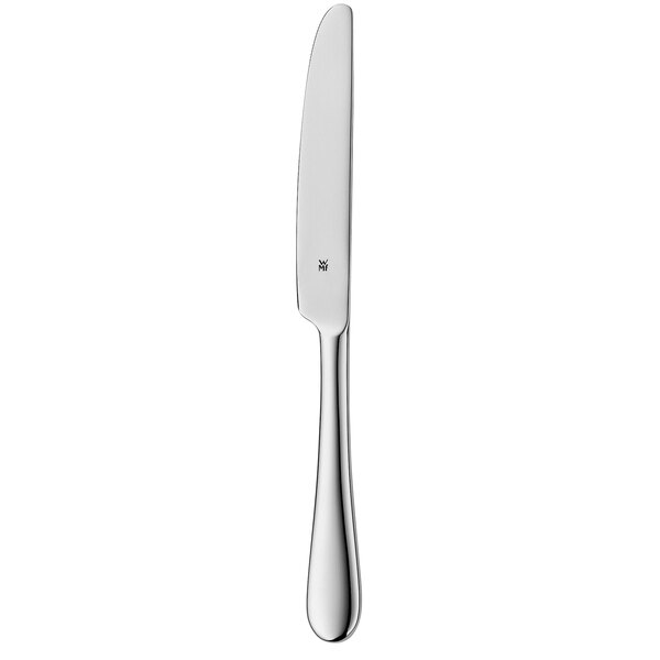 A WMF by BauscherHepp stainless steel table knife with a silver handle and black border.