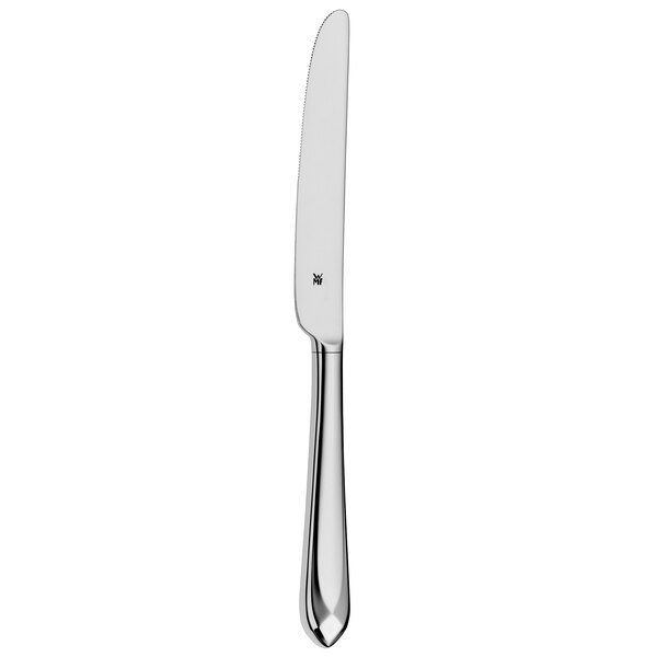 A WMF by BauscherHepp stainless steel dessert knife with a silver handle.