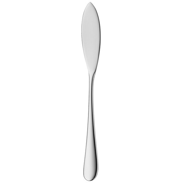 A close up of a silver WMF by BauscherHepp fish knife with a white background.