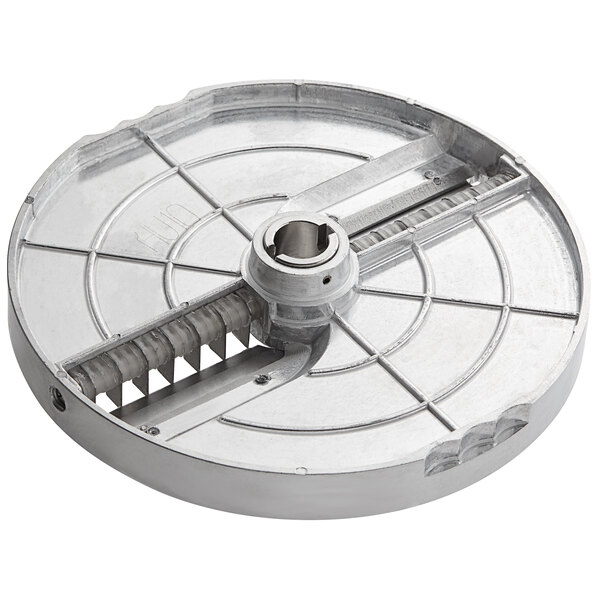 A circular metal AvaMix Julienne cutting disc with a hole in the center and a handle.