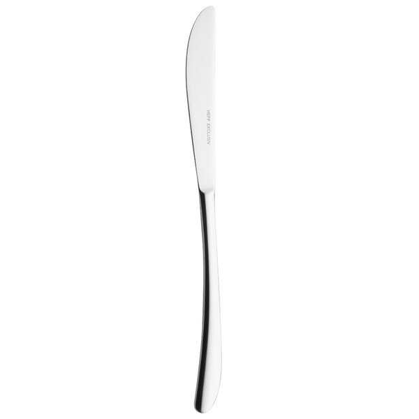 A Hepp stainless steel dessert knife with a white handle.