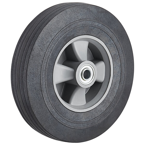 A black wheel with a grey rim and a metal center.