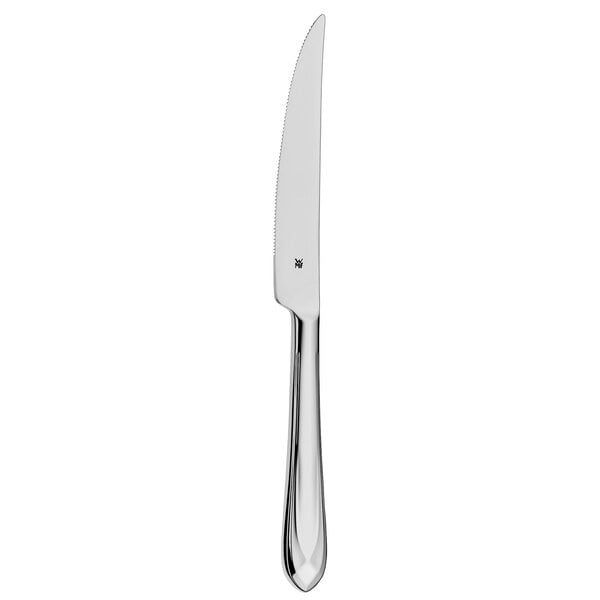 A WMF stainless steel steak knife with a silver handle.