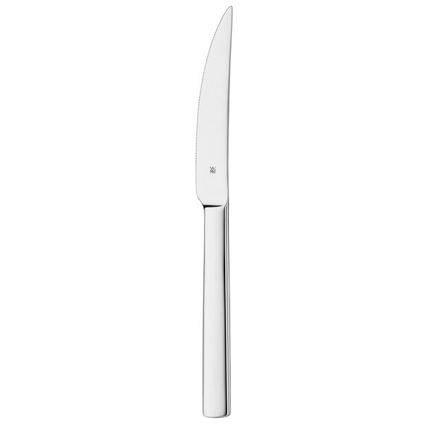 A silver knife with a white handle.