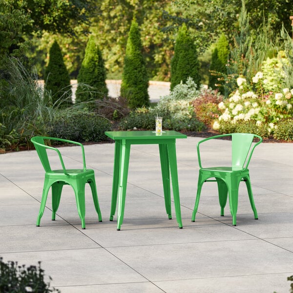 Lancaster Table & Seating Alloy Series 23 1/2" x 23 1/2" Jade Green Standard Height Outdoor Table with 2 Arm Chairs