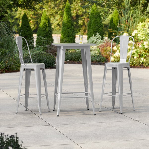 Lancaster Table & Seating Alloy Series 23 1/2" x 23 1/2" Silver Bar Height Outdoor Table with 2 Cafe Barstools