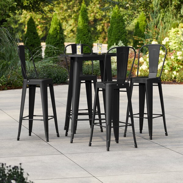 Lancaster Table & Seating Alloy Series 30" Round Black Bar Height Outdoor Table with 4 Cafe Barstools