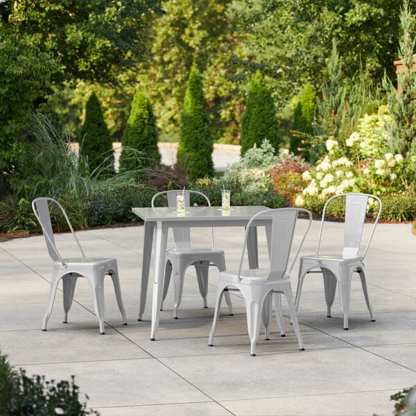Lancaster Table & Seating Alloy Series 35 1/2" x 35 1/2" Silver Standard Height Outdoor Table with 4 Cafe Chairs