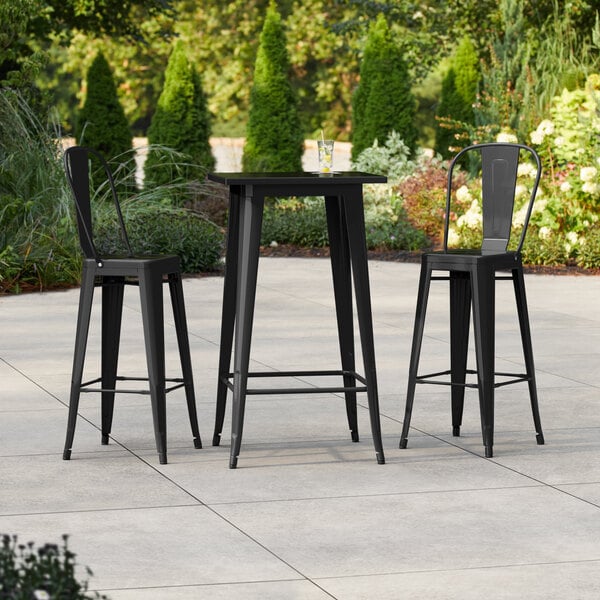Lancaster Table & Seating Alloy Series 23 1/2" x 23 1/2" Black Bar Height Outdoor Table with 2 Cafe Barstools
