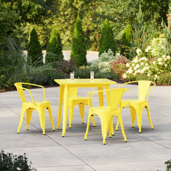 Lancaster Table & Seating Alloy Series 31 1/2" x 31 1/2" Citrine Yellow Standard Height Outdoor Table with 4 Arm Chairs