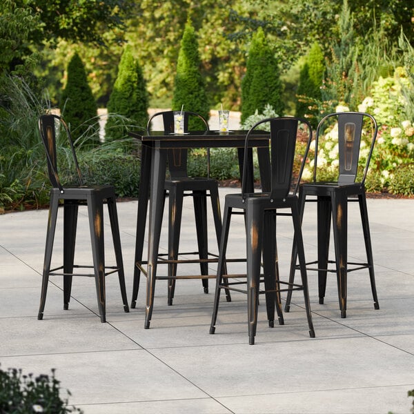Lancaster Table & Seating Alloy Series 31 1/2" x 31 1/2" Distressed Copper Bar Height Outdoor Table with 4 Cafe Barstools