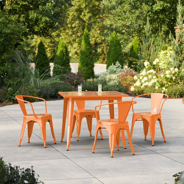 Lancaster Table & Seating Alloy Series 35 1/2" x 35 1/2" Amber Orange Standard Height Outdoor Table with 4 Arm Chairs