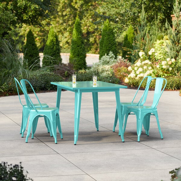 Lancaster Table & Seating Alloy Series 47 1/2" x 29 1/2" Seafoam Standard Height Outdoor Table with 4 Cafe Chairs