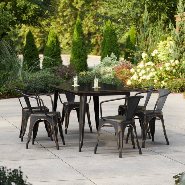 Lancaster Table & Seating Alloy Series 63" x 31 1/2" Distressed Copper Standard Height Outdoor Table with 6 Arm Chairs