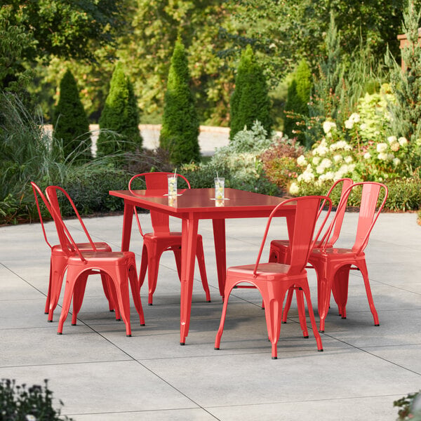 Lancaster Table & Seating Alloy Series 63" x 31 1/2" Ruby Red Standard Height Outdoor Table with 6 Cafe Chairs