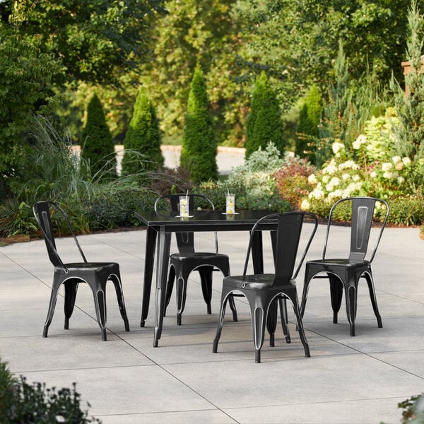 Lancaster Table & Seating Alloy Series 35 1/2" x 35 1/2" Distressed Black Standard Height Outdoor Table with 4 Cafe Chairs